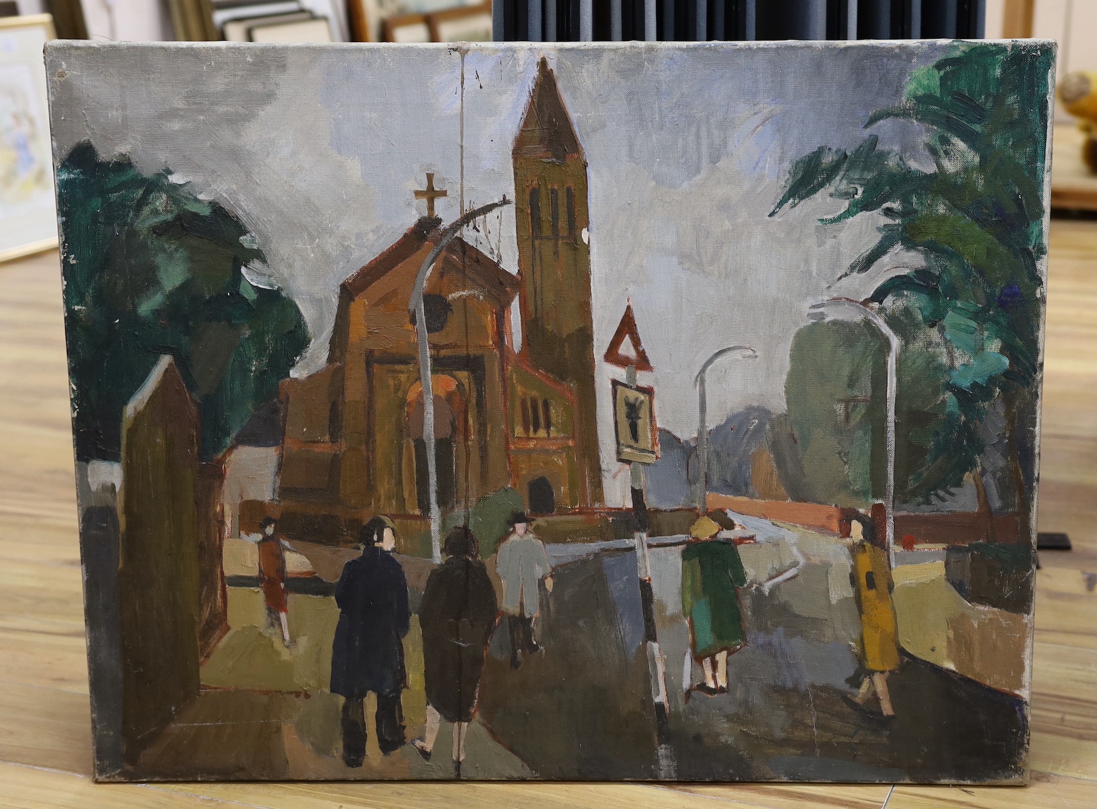Modern British, oil on canvas, Street scene with figures and church, 70 x 91cm, unframed